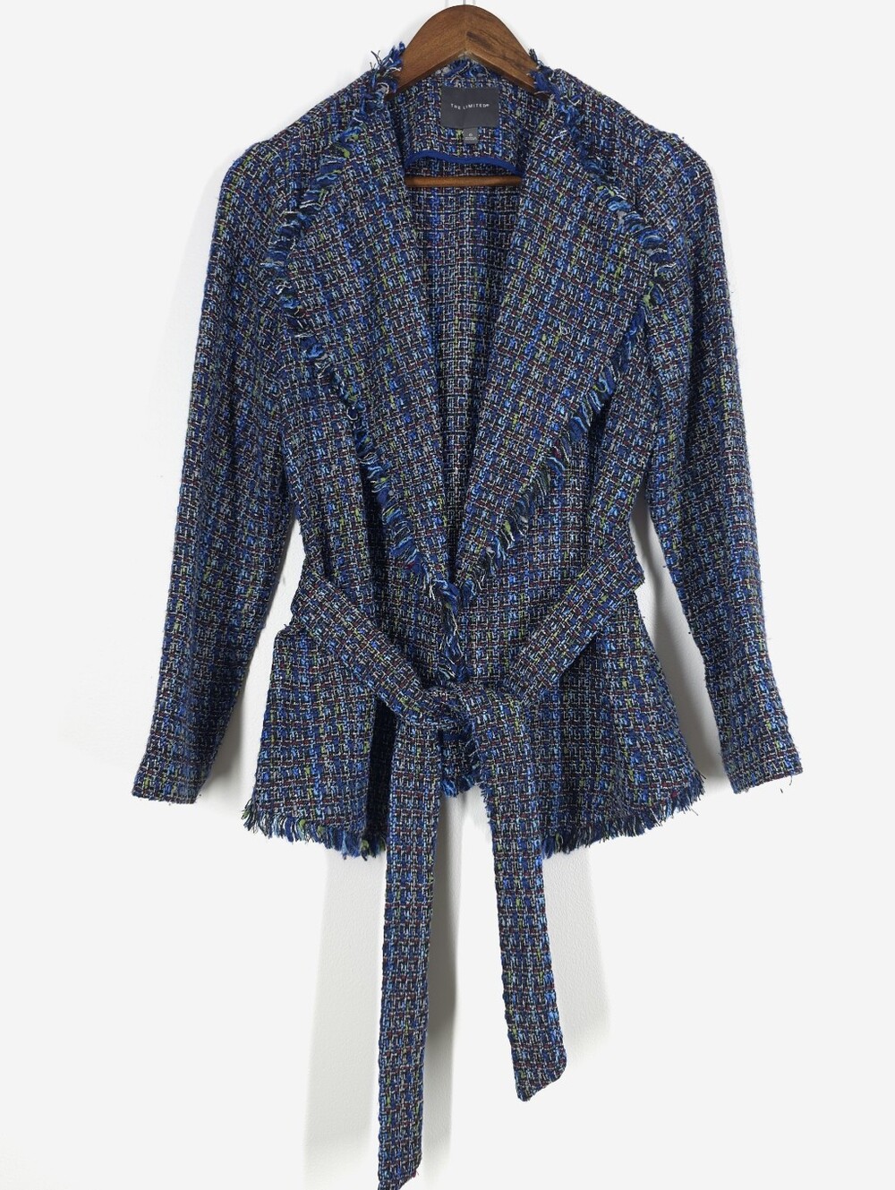 THE LIMITED BLUE TWEED FRINGE BELTED JACKET BLAZER SIZE 6